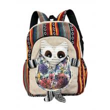 Cotton Hemp Multi Patchwork Handmade White Owl Backpack RIB24792