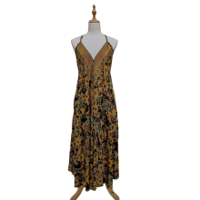 Silk  Bohemian Vintage Spaghetti Straps Golden Floral   Maxi Dress RSD25