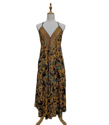 Silk  Bohemian Vintage Spaghetti Straps Golden Floral   Maxi Dress RSD25