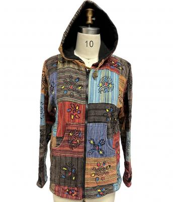 Cotton Patchwork Block Print Denim multi patch Fleece Lining Zip Up Hooded Jacket (D299)