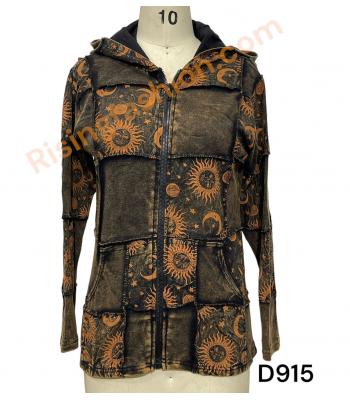 Cotton Patchwork Charcoal Gold  Sun Moon Zip Hood Jacket D915