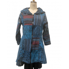 Cotton Patchwork  High Low  Zip  Blue Long Jacket G349