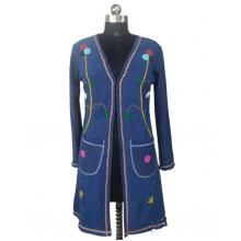 Women  Flower Emb  Two pocket open Front  Long Cardigan Jacket FC37