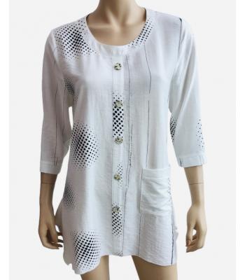 Women's 3/4  slv polka dot decorative with button and Pocket Round neck Tunic (KE05)
