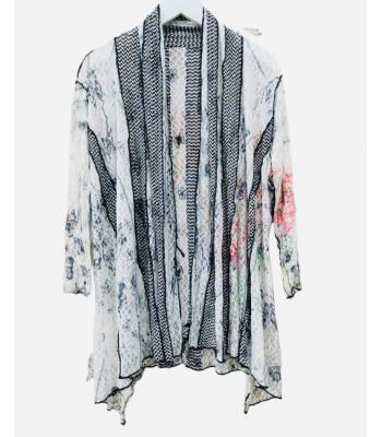 Women's Multi Floral White and Gray Open Front Cardigan (KS2378)