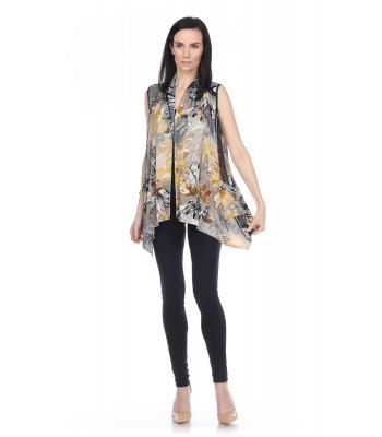 Women Multi Color Gold Flower Sleeveless Open Long Vest  (KV201105)