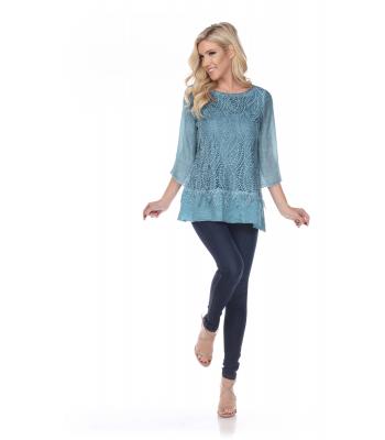 Women Lace Embroidery A Line 3/4 Sleeve Teal Top (KBS100)
