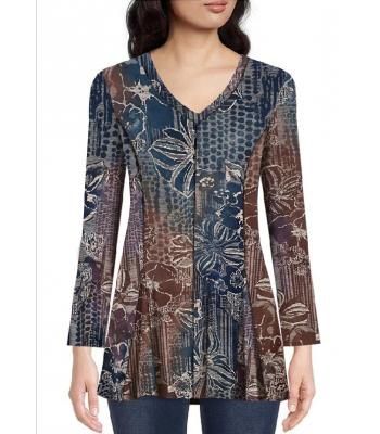 Women's Blue Mountain Tie Dye burnout V Neck Top KV23320