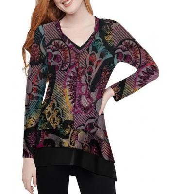  Women's  Blue Mountain Ruffle Burnout  V Neck  Tunic KV23326