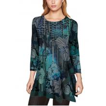 Women's Blue Ocean Jungle Green Burnout Button Net Trim Asymmetrical Round Neck Tunic (KV23329)