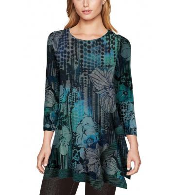  Women's  Blue Ocean  Jungle Green    Burnout  Button Net Trim    Asymmetrical  Round Neck Tunic KV23329  