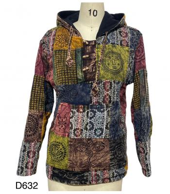 Cotton Multi Patchwork Block print three Button Fleece Lining  Pullover (D632)