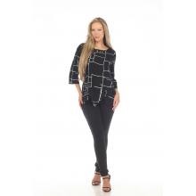 Women's B/W  white strip 3/4 Button decorated Round neck Top (KE52)