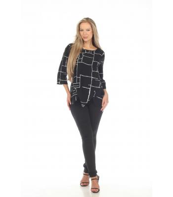 Women's B/W  white strip 3/4 Button decorated Round neck Top (KE52)